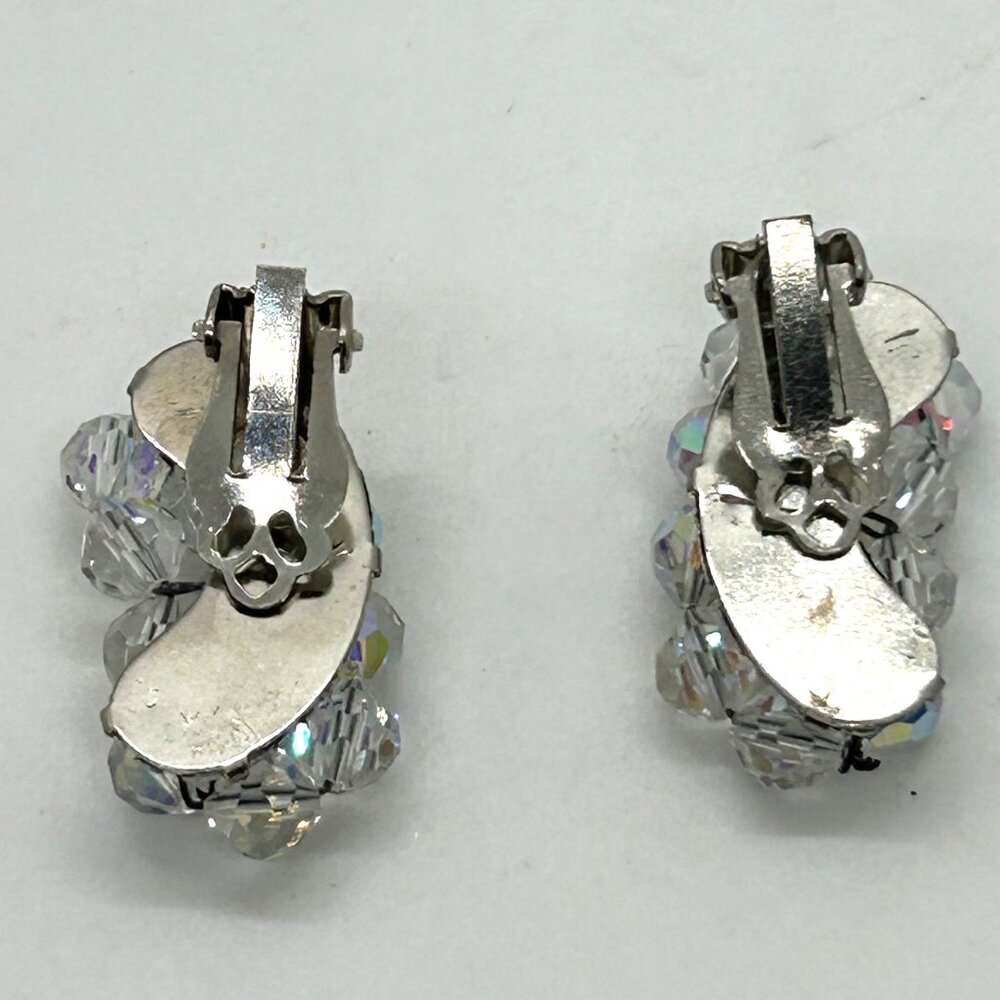 Vintage Aurora Borealis Beaded Clip-On Ear Climbers Elegant Bridal Prom Retro - Picture 4 of 9